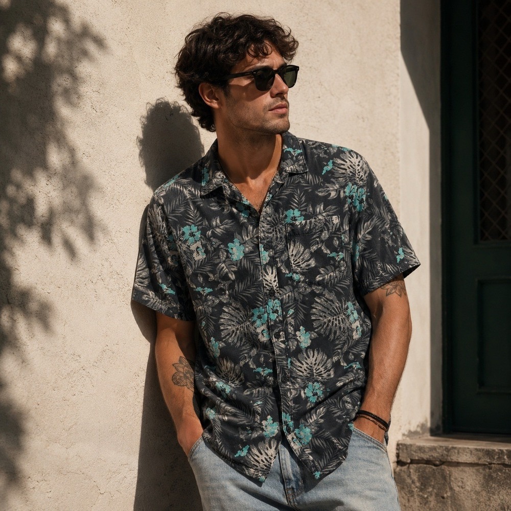 Vans Mens Mended Short Sleeve Tropical Palm Print Button Down Shirt Grey Teal M